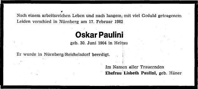 Paulini Oskar 1904-1982 Todesanzeige